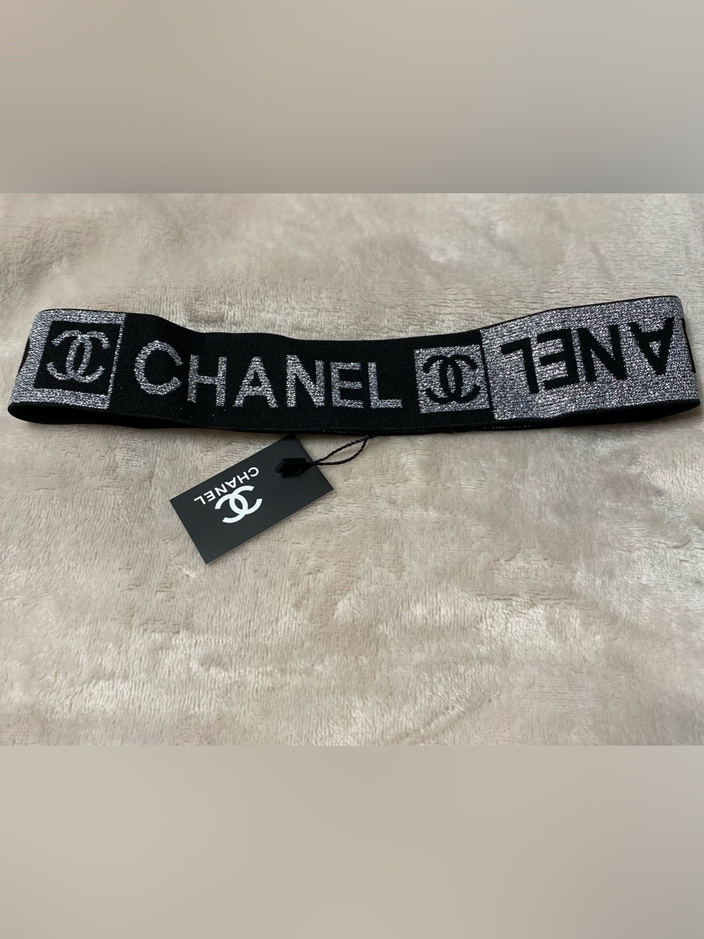 ChaneI Black with Silver Metallic Stretch Logo Spellout-Out Headband
